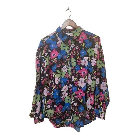 Bar III Chiffon Blue Pink Yellow Floral Button Up Work Casual Blouse sz M NWT - Picture 4 of 10